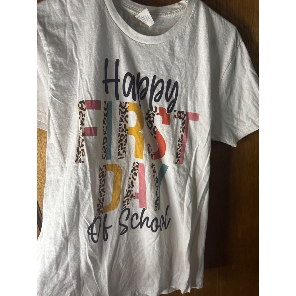 Happy First Day Of School Graphic T-Shirt White Leopard Print Teacher Tee Medium